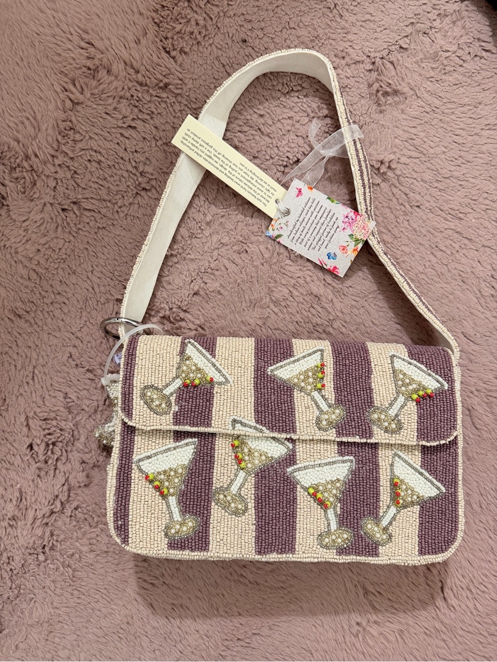 Beaded Martini Stripe Crossbody Bag - Cream & Purple